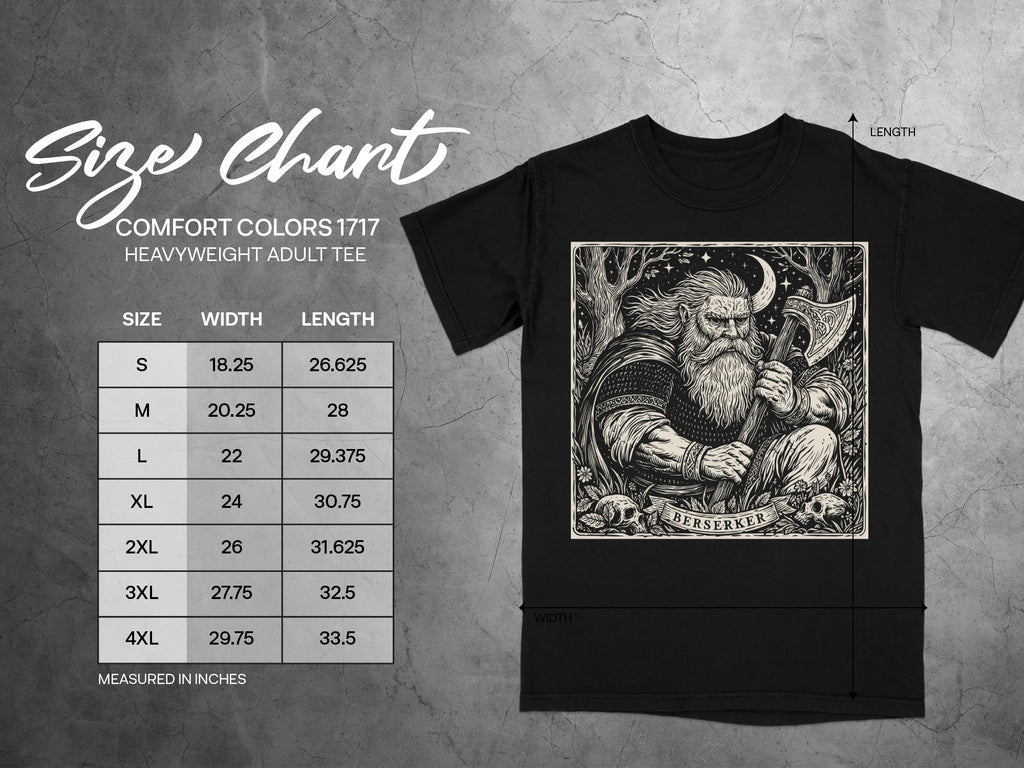 Size chart for a black heavyweight adult tee featuring a berserker graphic.