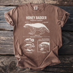 Brown t-shirt with a diagram of a honey badger and its traits.