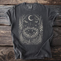 Dark grey t-shirt with a moonlit forest scene featuring fairies, mushrooms, moths, and foxgloves.