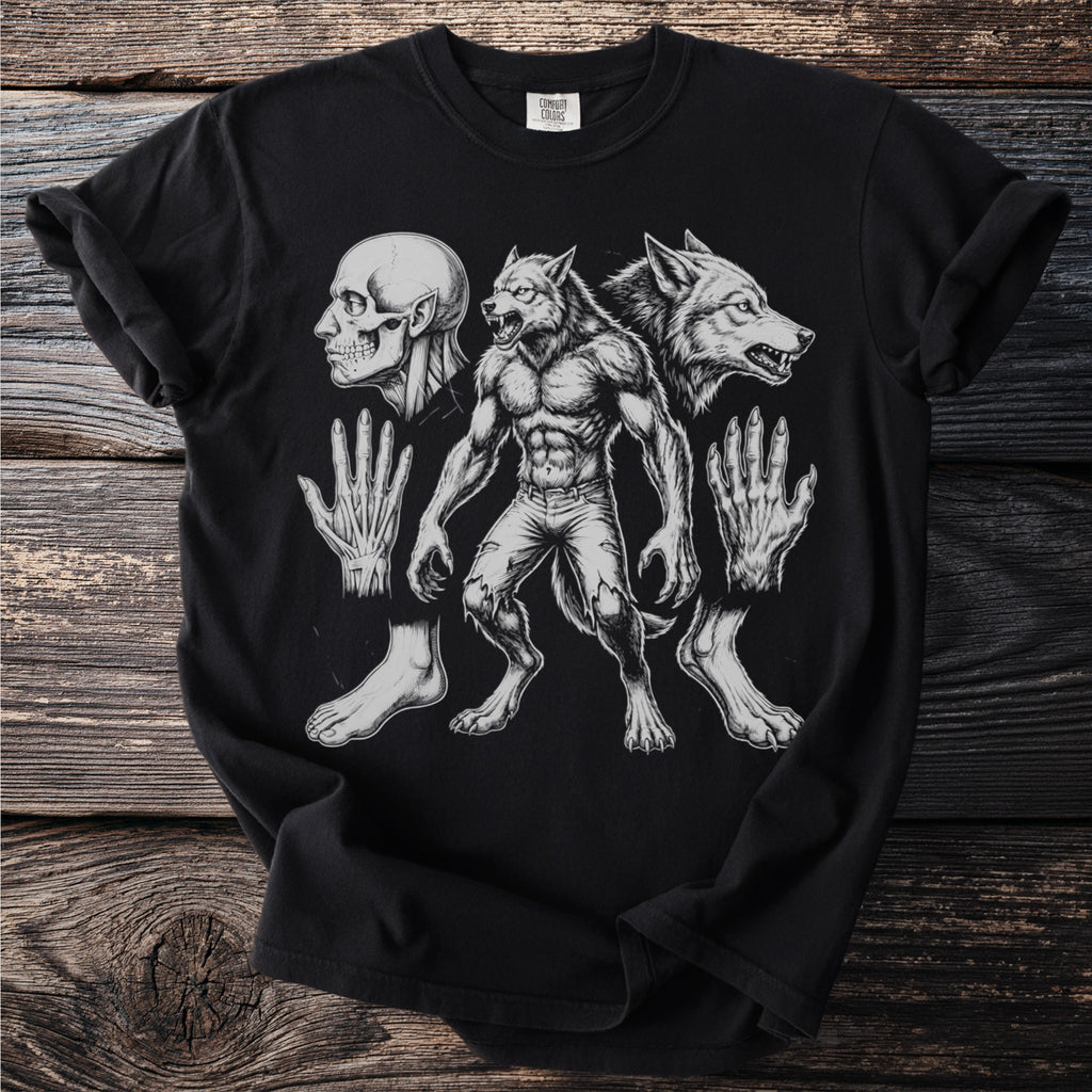 Black t-shirt with anatomical illustration of a werewolf transformation.
