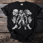 Black t-shirt with anatomical illustration of a werewolf transformation.