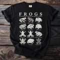 Black t-shirt with "FROGS" and an illustrated study of various frog species.