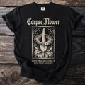 Black t-shirt with "Corpse Flower" text and graphic of a flower, flies, and people.