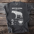 Spotted Hyena anatomy illustration with text labels on a charcoal t-shirt.