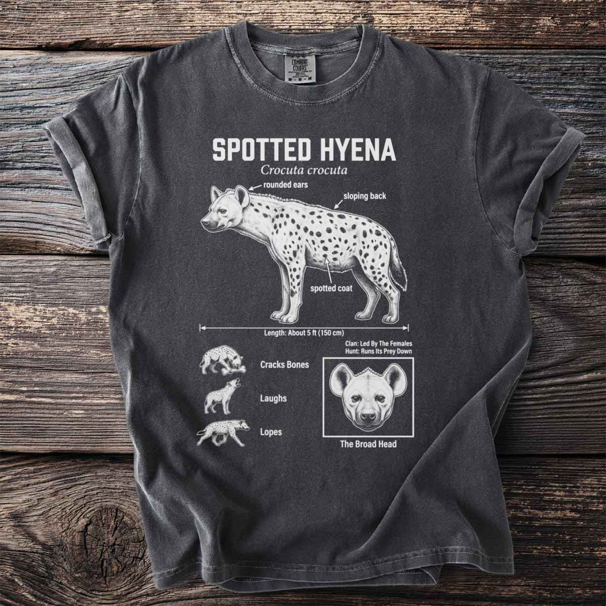 Spotted Hyena anatomy illustration with text labels on a charcoal t-shirt.
