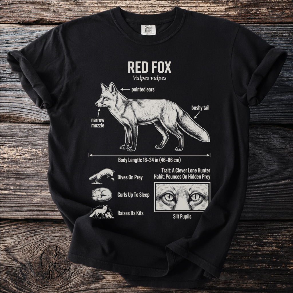 Black t-shirt with Red Fox illustration and anatomical details.