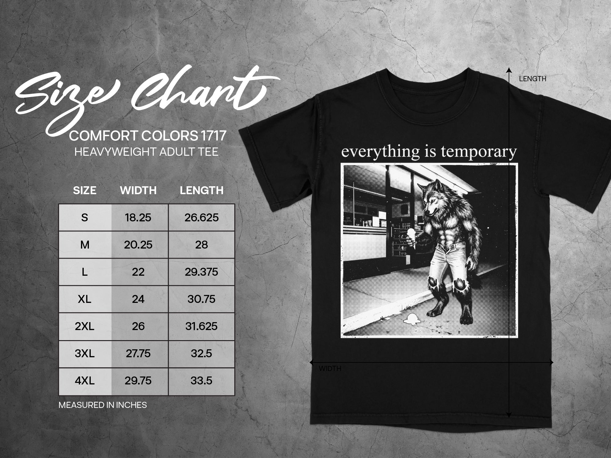 Size chart for Comfort Colors 1717 heavyweight adult tee with a wolf graphic.