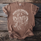 Brown t-shirt with Headless Horseman graphic and text "sleepy hollow halloween legend"