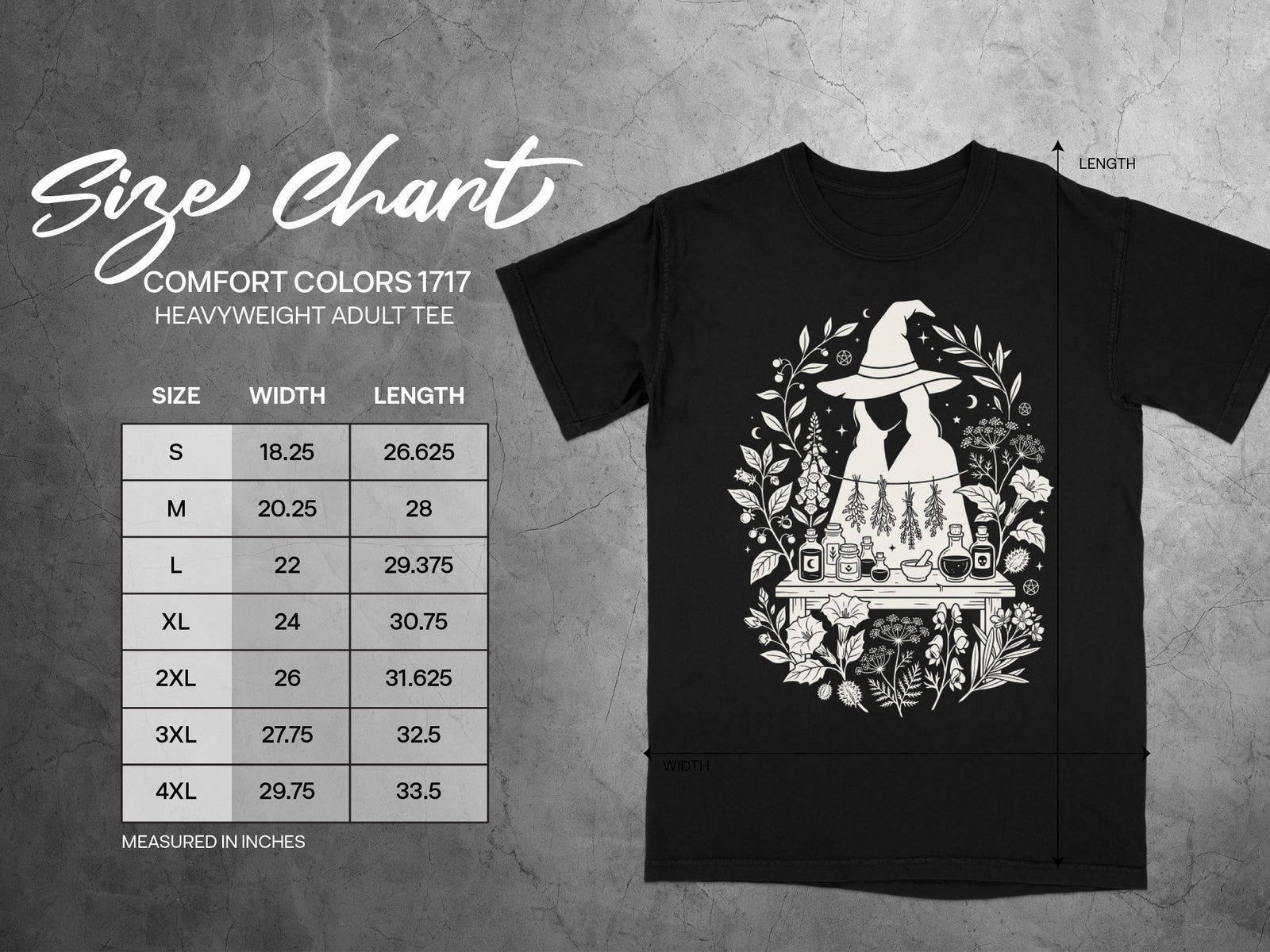 Comfort Colors 1717 heavyweight adult tee size chart with width and length measurements in inches.