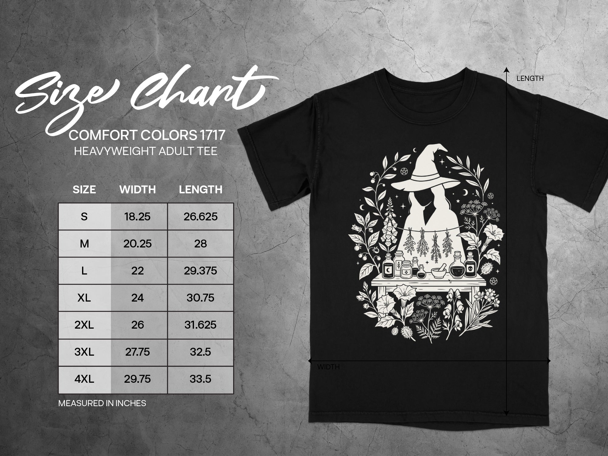 Comfort Colors 1717 heavyweight adult tee size chart with width and length measurements in inches.