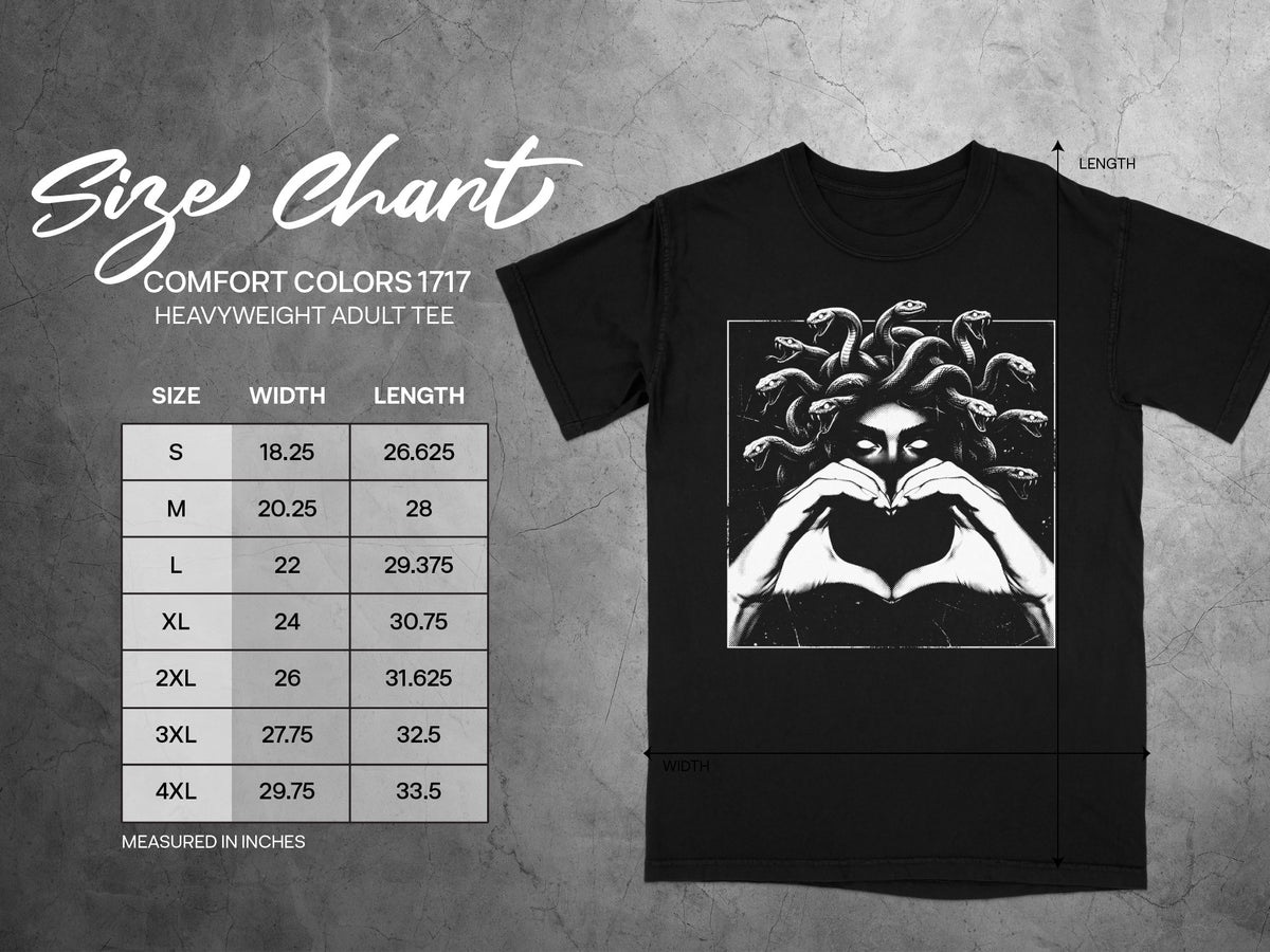 Size chart for Comfort Colors 1717 heavyweight adult tee with Medusa graphic.