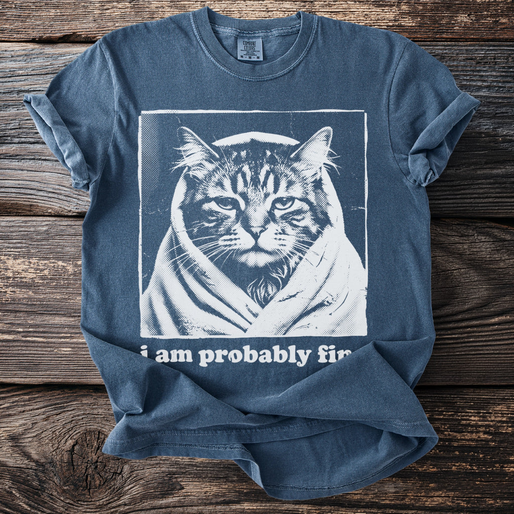 Blue t-shirt with a cat wrapped in a blanket and text "i am probably fir".