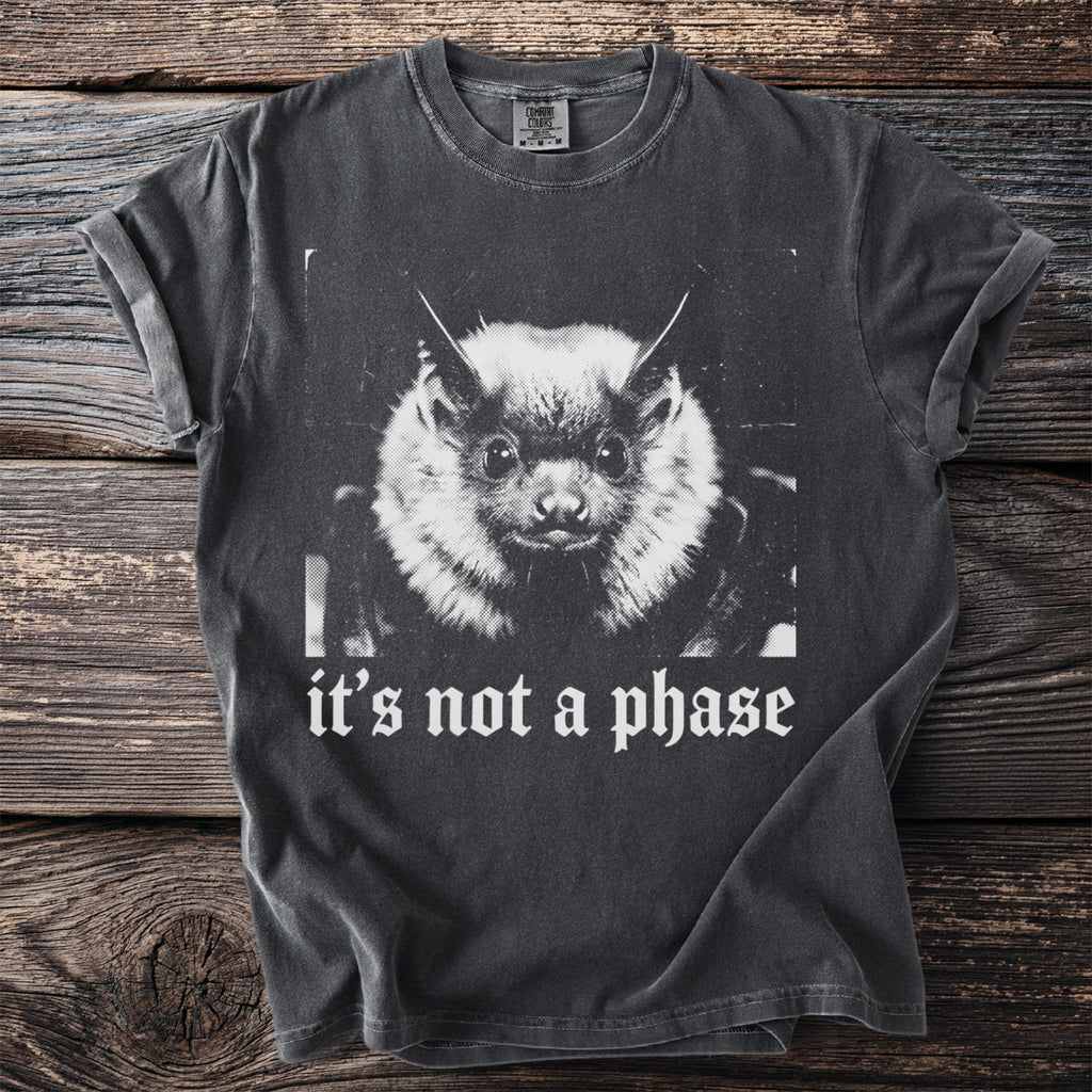 Comfort Colors t-shirt with bat graphic and text "it's not a phase."