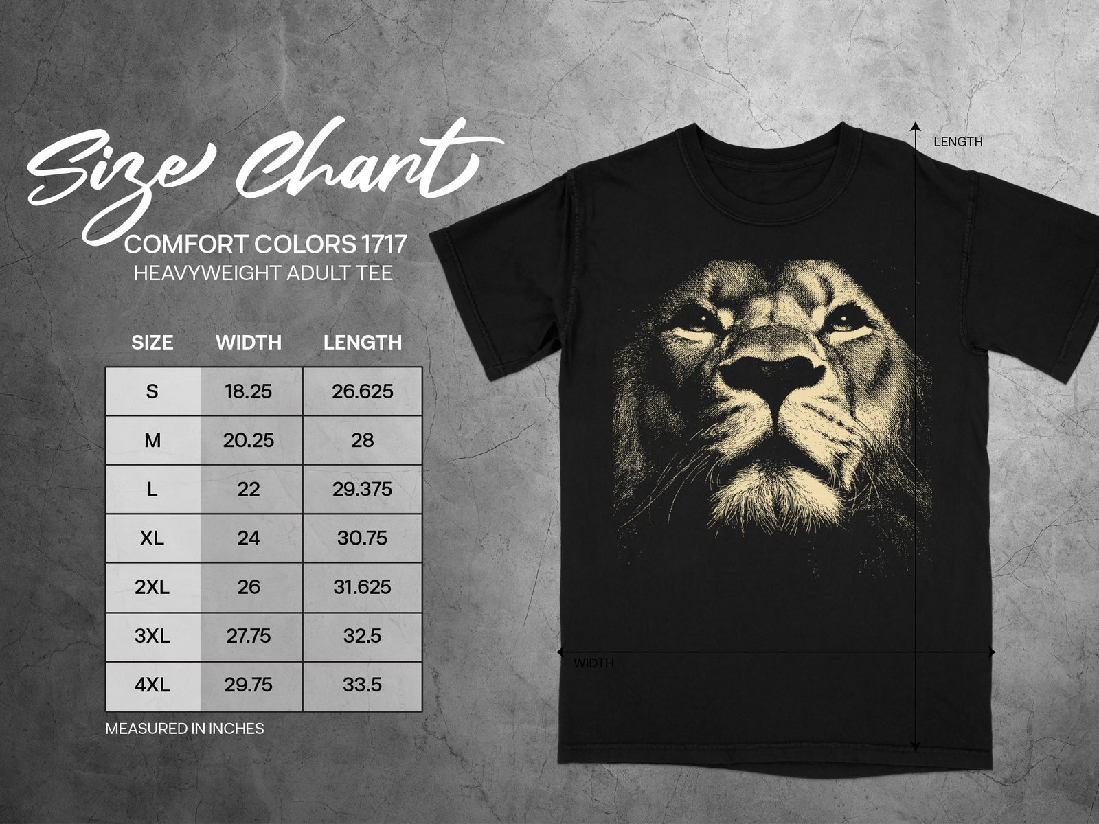 Comfort Colors 1717 heavyweight adult tee size chart with width and length measurements.