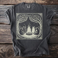 Dark grey t-shirt with a cream linocut design of woodland creatures around a campfire.