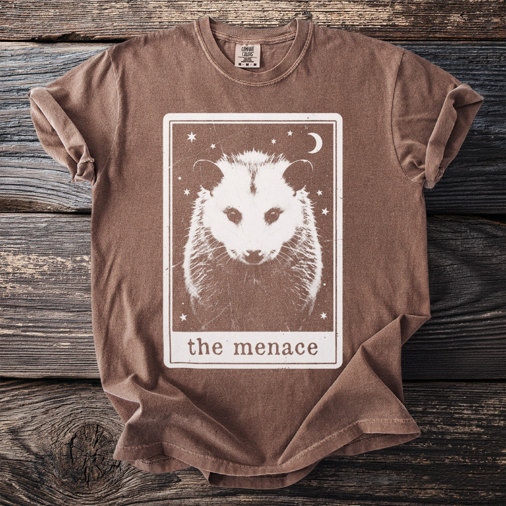 Brown t-shirt with a tarot card design featuring a white opossum, moon, and stars.