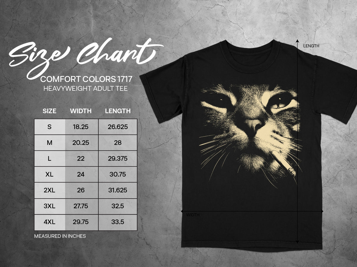 Comfort Colors 1717 heavyweight adult tee size chart with cat graphic.
