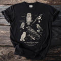 Black t-shirt with illustrations of messenger birds: Great Grey Owl, Eurasian Magpie, Eurasian Pygmy Owl, Barn Owl, Western Jackdaw, Common Raven.