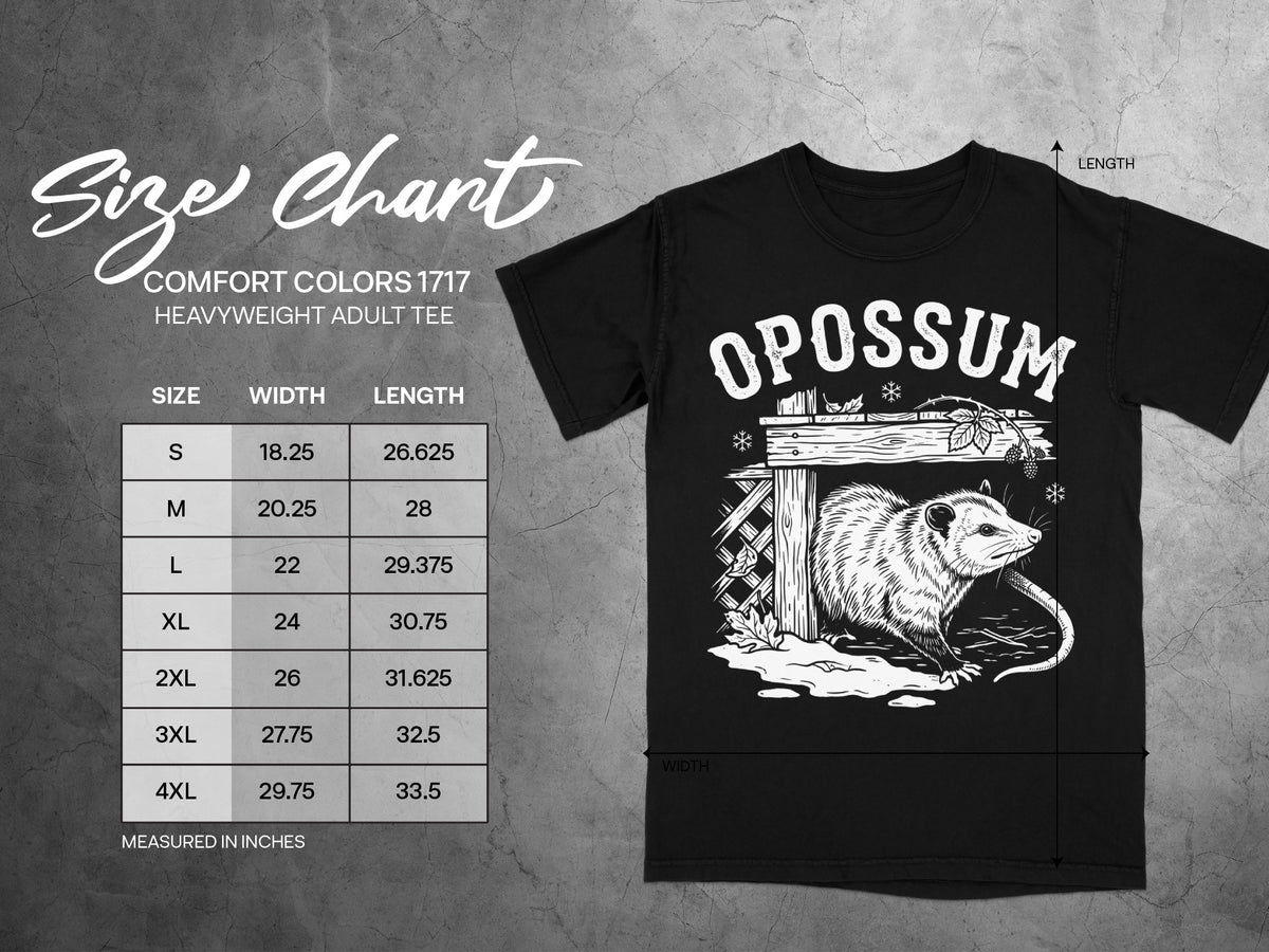 Size chart for Comfort Colors 1717 heavyweight adult tee with opossum graphic.