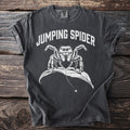 Gray t-shirt with "Jumping Spider" text and graphic of a spider on a leaf.