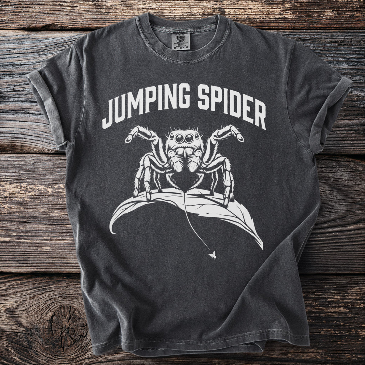 Gray t-shirt with "Jumping Spider" text and graphic of a spider on a leaf.