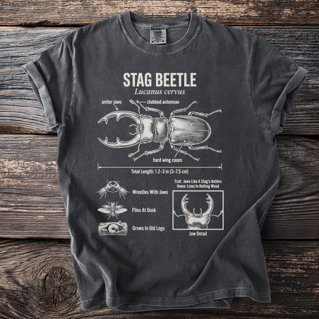 Dark t-shirt with a stag beetle diagram, labeling its anatomy and habitat.