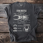 Dark t-shirt with a stag beetle diagram, labeling its anatomy and habitat.