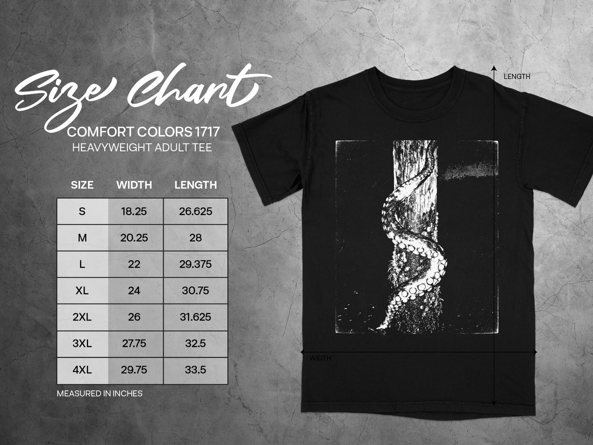 Comfort Colors 1717 heavyweight adult tee size chart with width and length measurements.