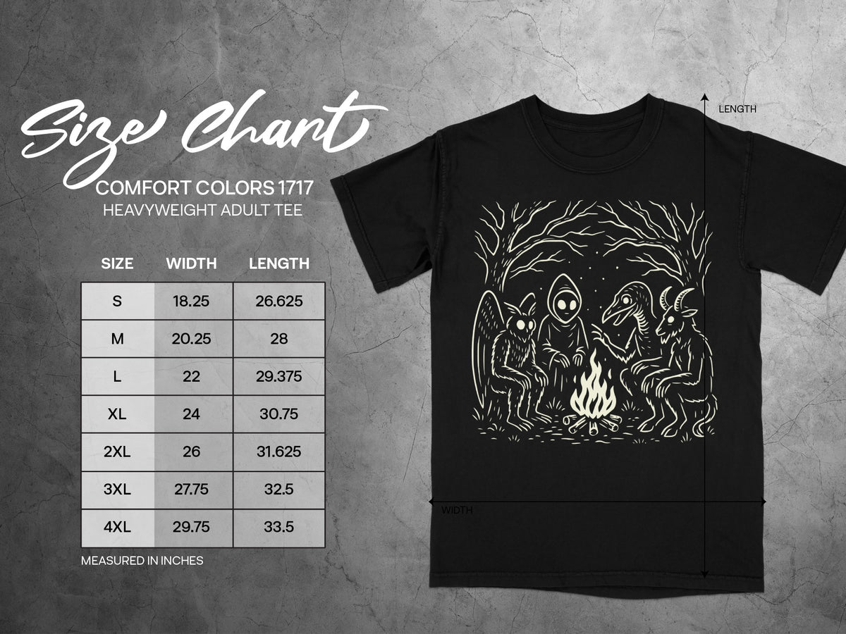Comfort Colors 1717 heavyweight adult tee size chart with width and length measurements in inches.