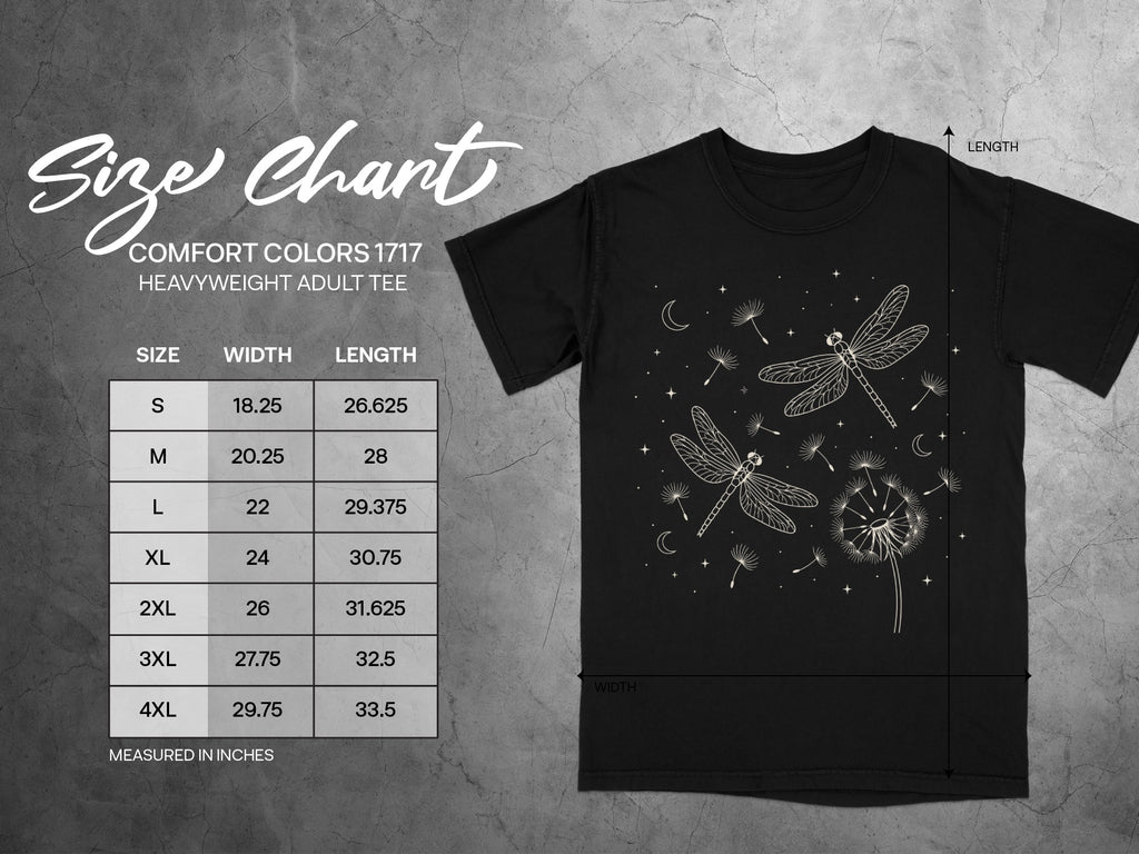 Comfort Colors 1717 size chart with width and length measurements for adult tees.