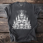 Dark t-shirt with white skull pile, candles, and pentagram graphic.