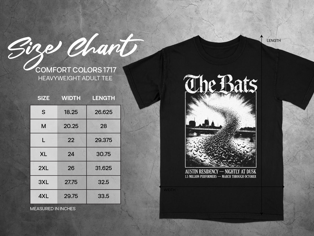 Size chart for Comfort Colors 1717 heavyweight adult tee with measurements.