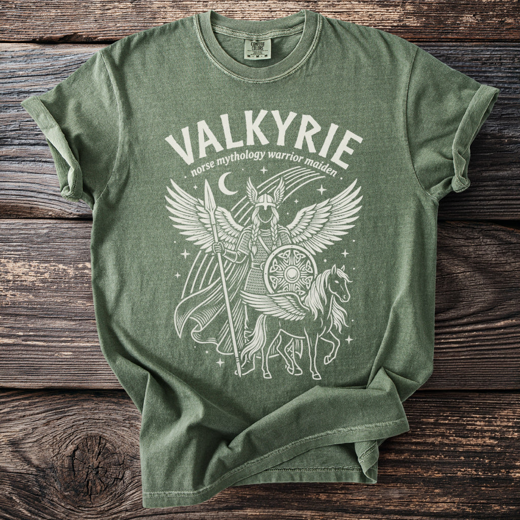 Green t-shirt with "Valkyrie norse mythology warrior maiden" text and winged warrior.