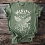Green t-shirt with "Valkyrie norse mythology warrior maiden" text and winged warrior.