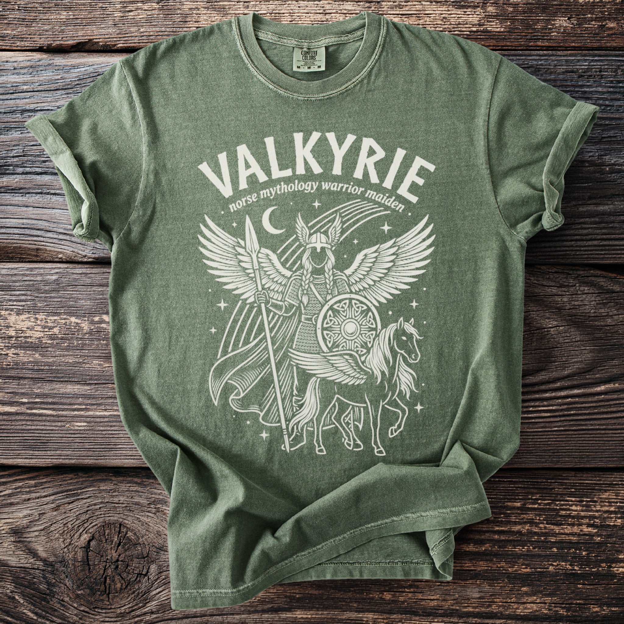 Green t-shirt with "Valkyrie norse mythology warrior maiden" text and winged warrior.