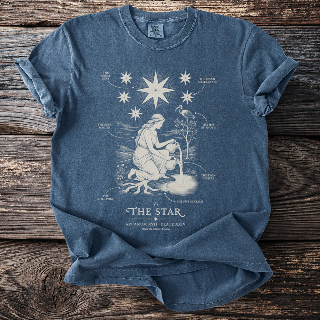 Blue t-shirt with "The Star" tarot card illustration and text.