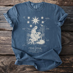 Blue t-shirt with "The Star" tarot card illustration and text.