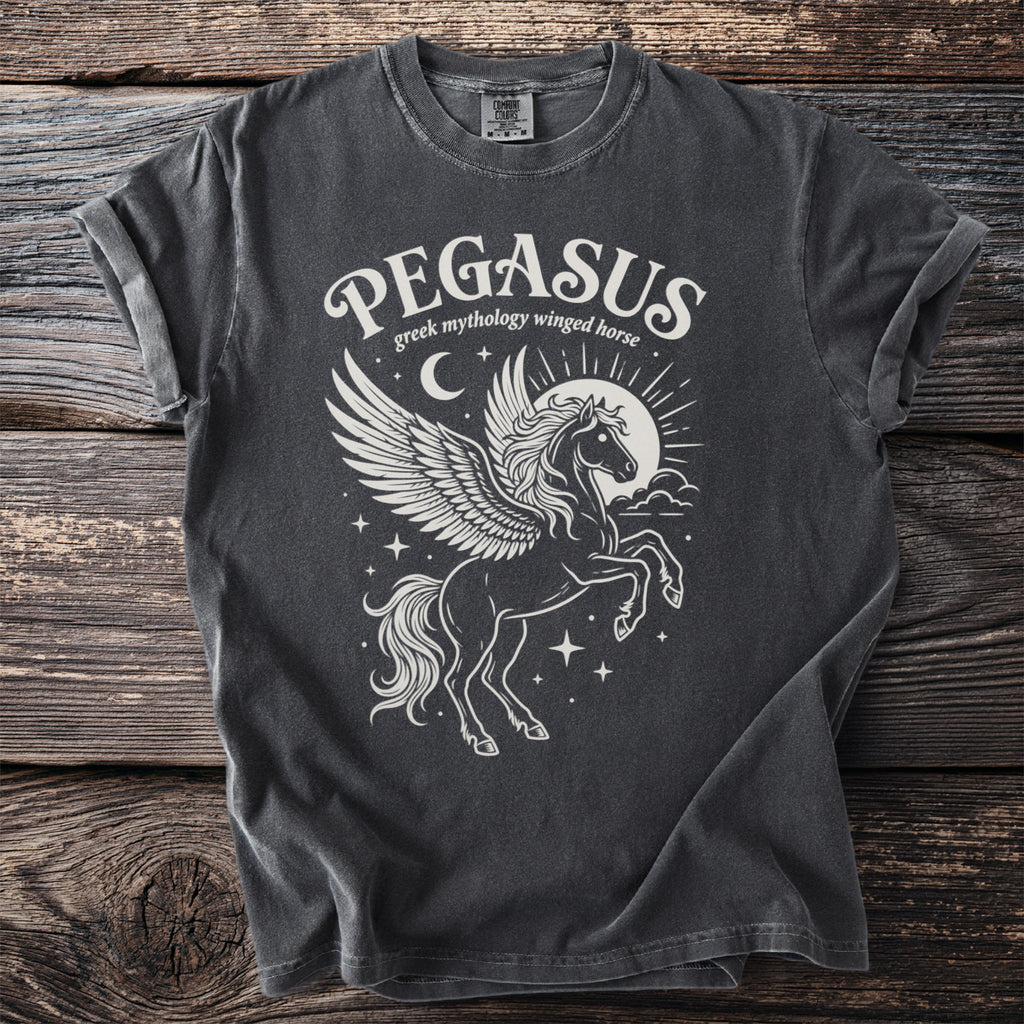 Dark gray t-shirt with white Pegasus design and text "PEGASUS greek mythology winged horse".