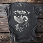Dark gray t-shirt with white Pegasus design and text "PEGASUS greek mythology winged horse".