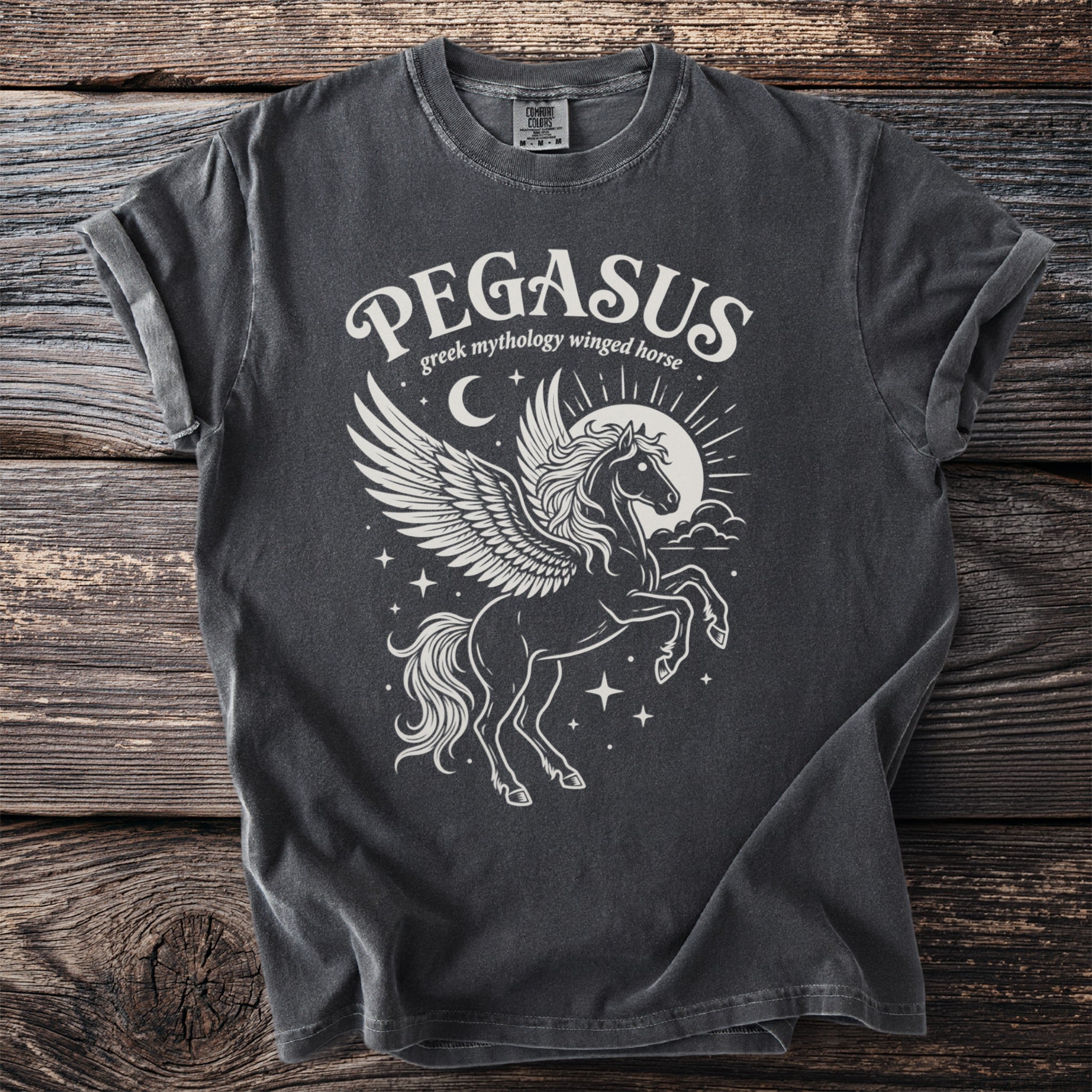 Dark gray t-shirt with white Pegasus design and text "PEGASUS greek mythology winged horse".