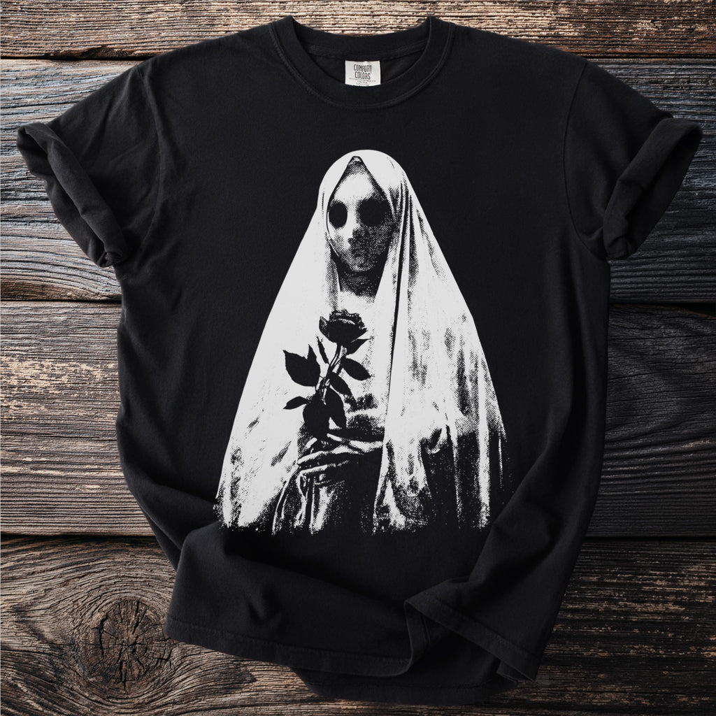 Black t-shirt with a distressed graphic of a veiled figure holding a rose.