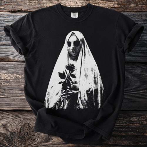 Black t-shirt with a distressed graphic of a veiled figure holding a rose.