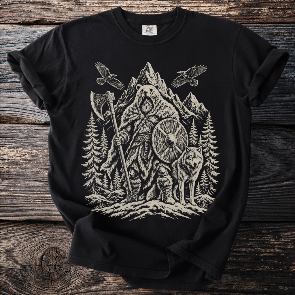 Black t-shirt with a Viking-inspired bear, wolf, axe, and mountains graphic.