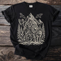 Black t-shirt with a Viking-inspired bear, wolf, axe, and mountains graphic.