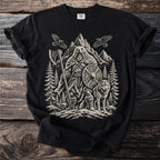 Black t-shirt with a Viking-inspired bear, wolf, axe, and mountains graphic.