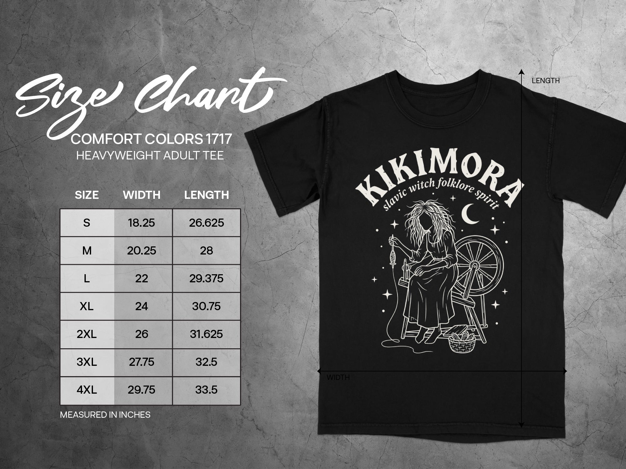 Size chart for Comfort Colors 1717 heavyweight adult tee with garment dimensions.