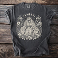 Dark grey t-shirt featuring a central goddess with wolves and floral moon phase design.