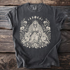 Dark grey t-shirt featuring a central goddess with wolves and floral moon phase design.