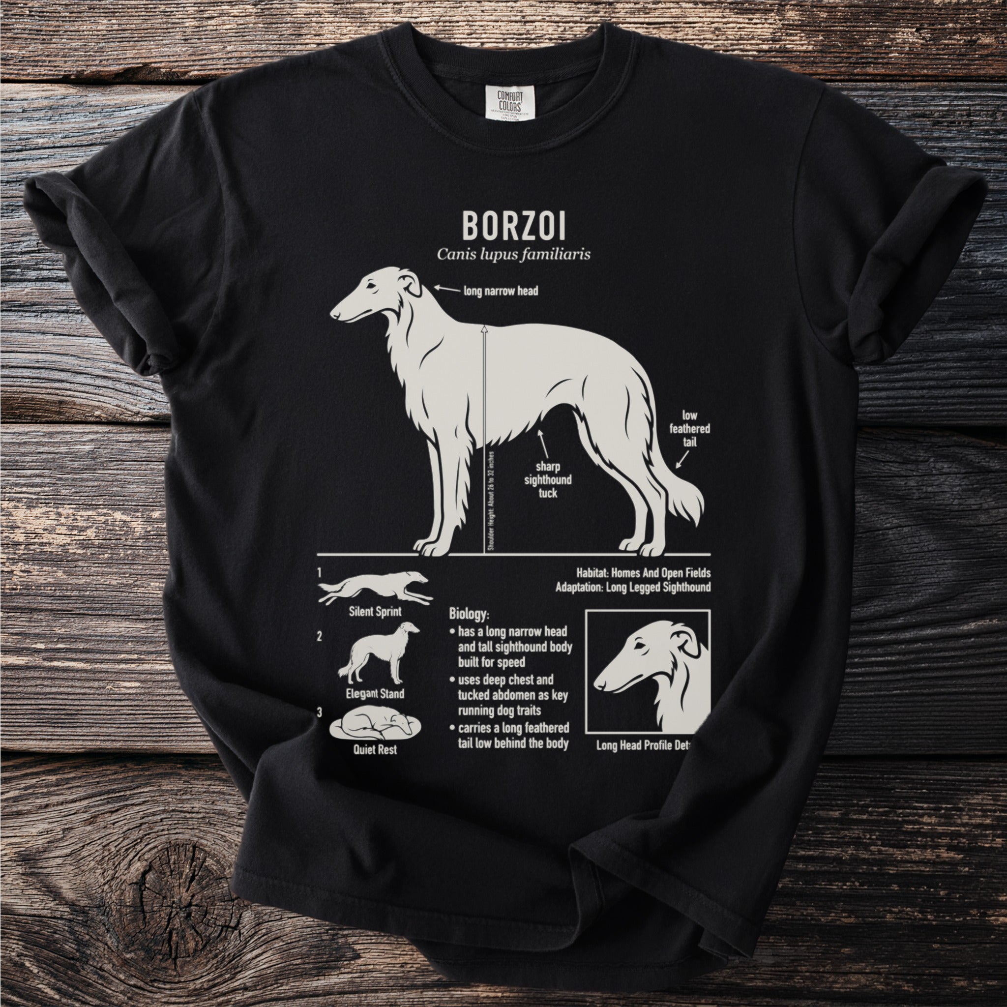 Black t-shirt with diagram of a Borzoi dog, its features, and biology.