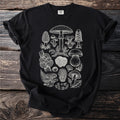 Black t-shirt with a detailed, vintage-style illustration of various mushrooms and ferns.